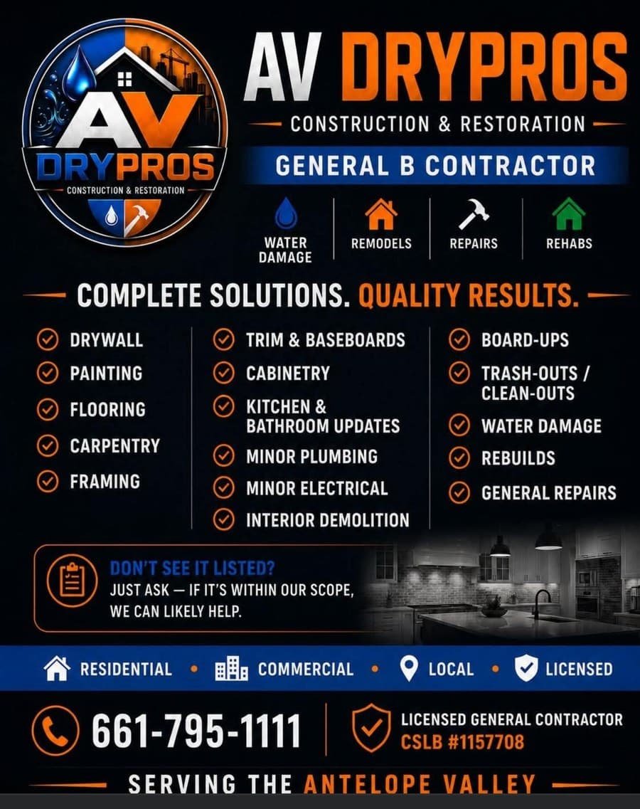 AV DryPros services flyer with a full checklist of trades including drywall, painting, flooring, carpentry, framing, cabinetry, kitchen and bathroom updates, board-ups, water damage, and general repairs.